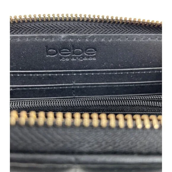 Bebe Black Quilted Wristlet Wallet With Gold Rhinestone Logo Zip Closure & Strap - Picture 8 of 11